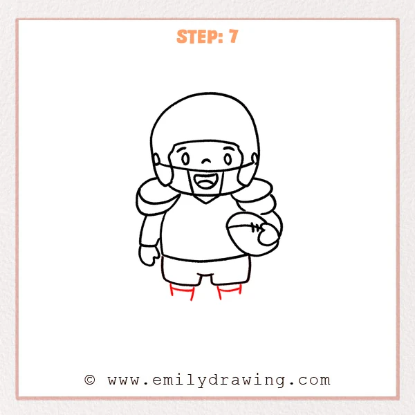 how to draw a football player - A cute football player sketch holding a football, now with short lower legs and small sock-top lines added beneath the shorts.